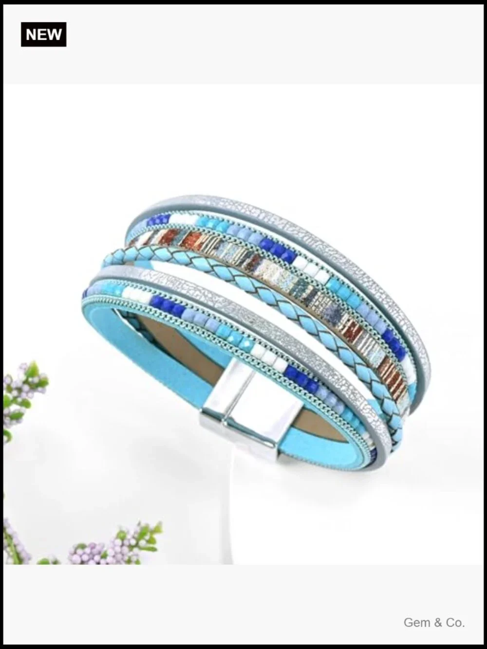 Boho Leather Wrap Bracelet with Heart & Stone - Layered